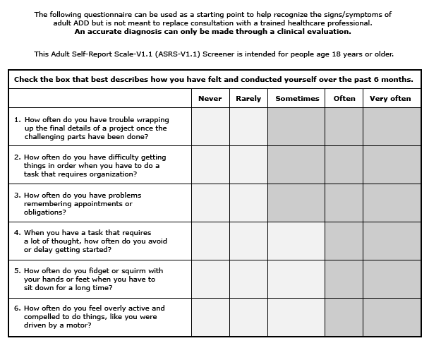 Printable Adult Adhd Screening Tool 1159